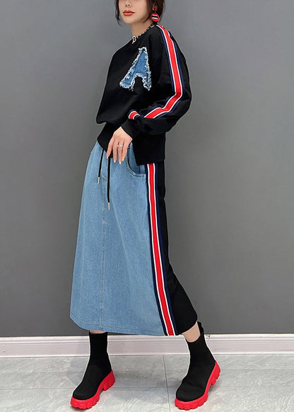 Schwarzer O-Ausschnitt gestreifter Pullover und Röcke Zweiteiliger Anzug