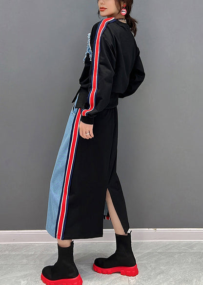 Schwarzer O-Ausschnitt gestreifter Pullover und Röcke Zweiteiliger Anzug