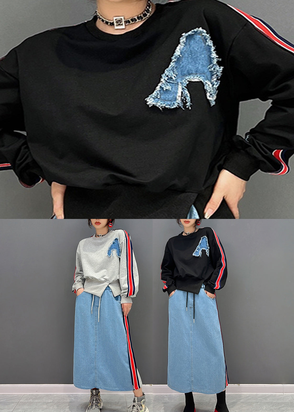 Schwarzer O-Ausschnitt gestreifter Pullover und Röcke Zweiteiliger Anzug