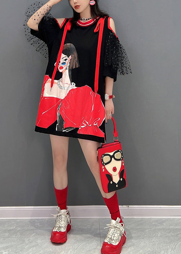 Schwarzes O-Ausschnitt Tüll Patchwork Belle Midikleid Halbarm