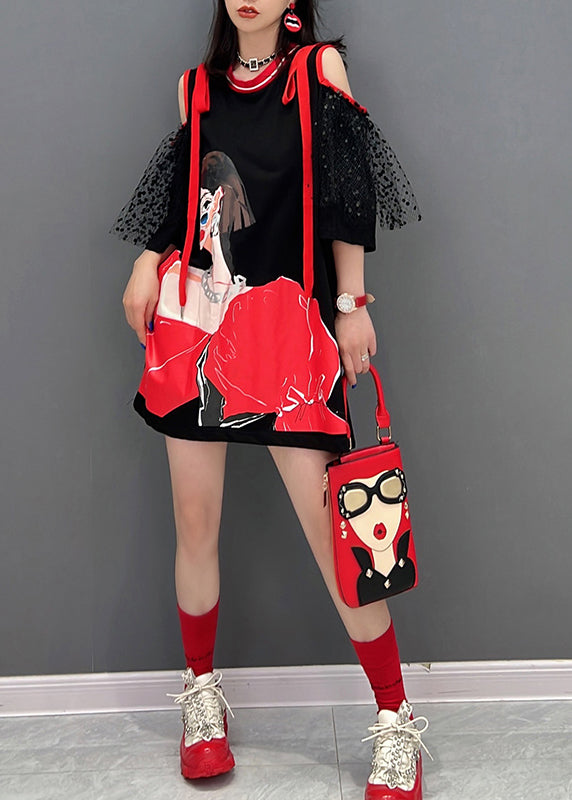 Schwarzes O-Ausschnitt Tüll Patchwork Belle Midikleid Halbarm