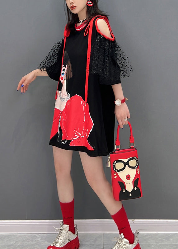 Schwarzes O-Ausschnitt Tüll Patchwork Belle Midikleid Halbarm