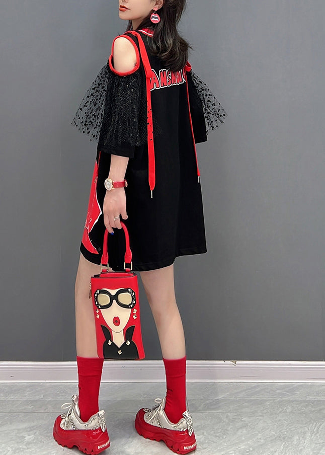 Schwarzes O-Ausschnitt Tüll Patchwork Belle Midikleid Halbarm