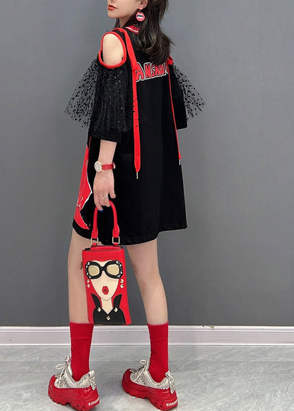 Schwarzes O-Ausschnitt Tüll Patchwork Belle Midikleid Halbarm