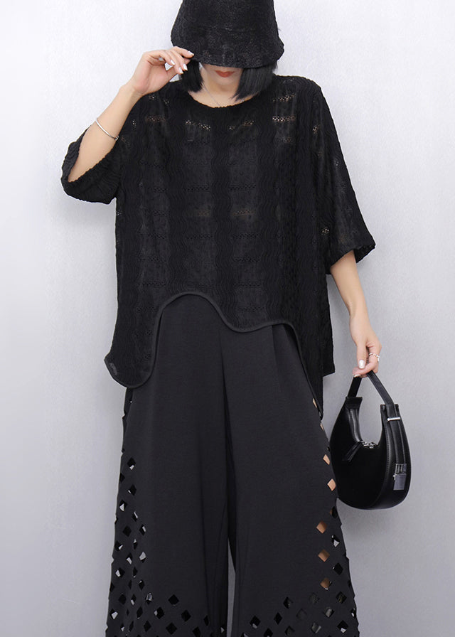 Black Oversized Cotton Tank Asymmetrical Embroideried Summer