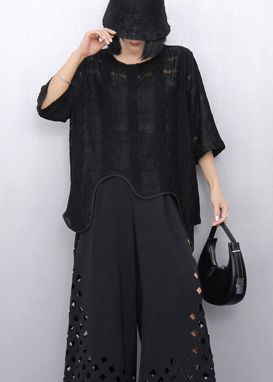 Black Oversized Cotton Tank Asymmetrical Embroideried Summer