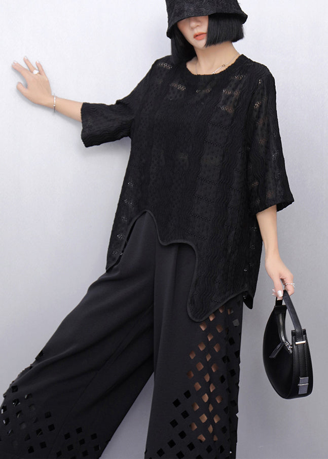 Black Oversized Cotton Tank Asymmetrical Embroideried Summer