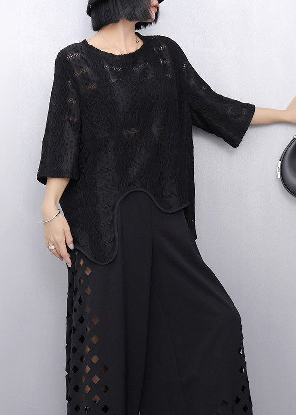 Black Oversized Cotton Tank Asymmetrical Embroideried Summer