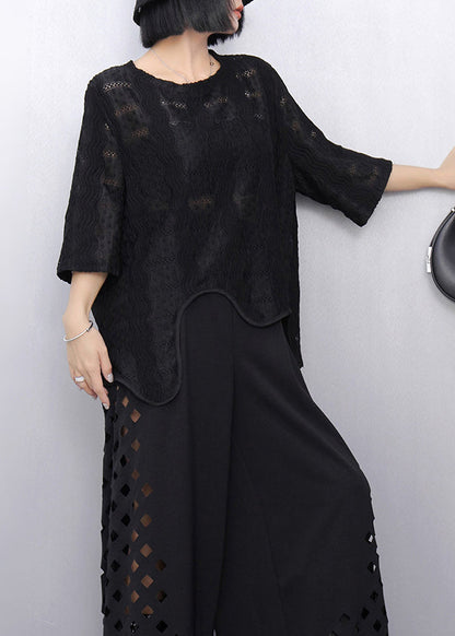 Black Oversized Cotton Tank Asymmetrical Embroideried Summer