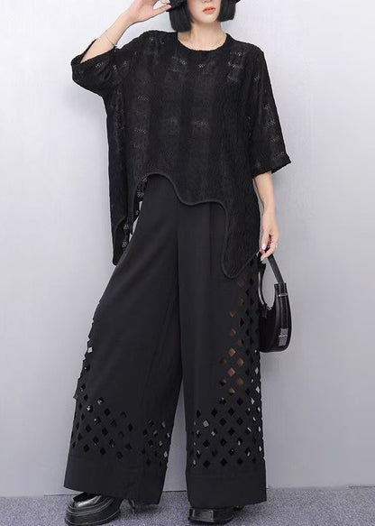 Black Oversized Cotton Tank Asymmetrical Embroideried Summer