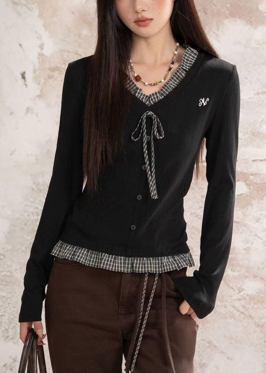 Schwarze Patchwork-Baumwoll-Oberteile im Zweiteiler-Look mit Rüschen, Frühlingsform