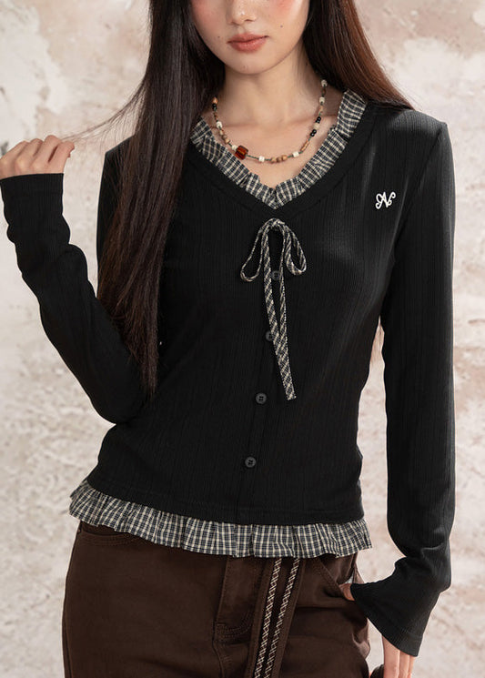 Schwarze Patchwork-Baumwoll-Oberteile im Zweiteiler-Look mit Rüschen, Frühlingsform