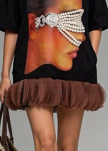 Black Patchwork Cotton Long Tops Oversized Print Pearl Summer