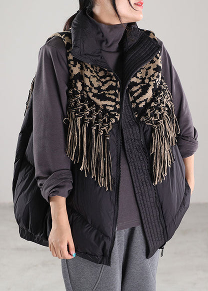 Schwarze Patchwork-Winterdaunenweste mit Reißverschluss und Entendaunen