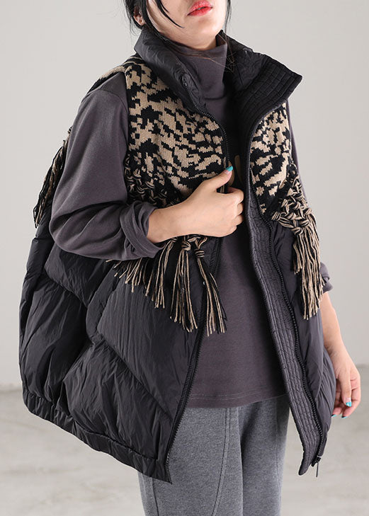 Schwarze Patchwork-Winterdaunenweste mit Reißverschluss und Entendaunen
