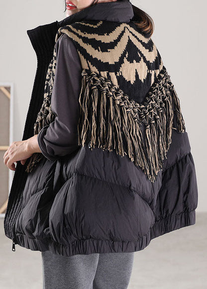 Schwarze Patchwork-Winterdaunenweste mit Reißverschluss und Entendaunen
