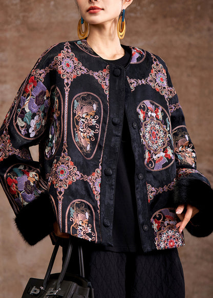 Black Patchwork Fine Cotton Filled Jackets Embroidered Mink Hair Winter