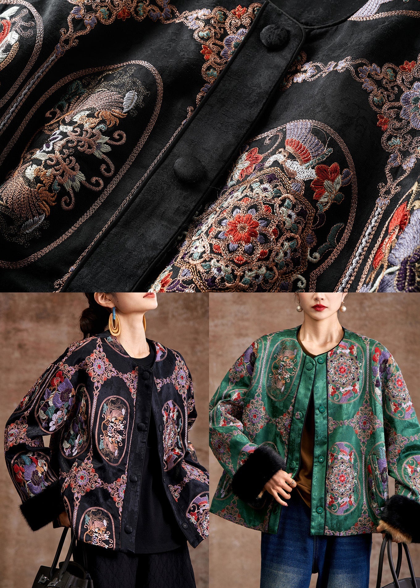 Black Patchwork Fine Cotton Filled Jackets Embroidered Mink Hair Winter