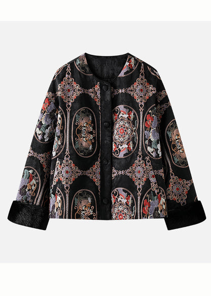 Black Patchwork Fine Cotton Filled Jackets Embroidered Mink Hair Winter