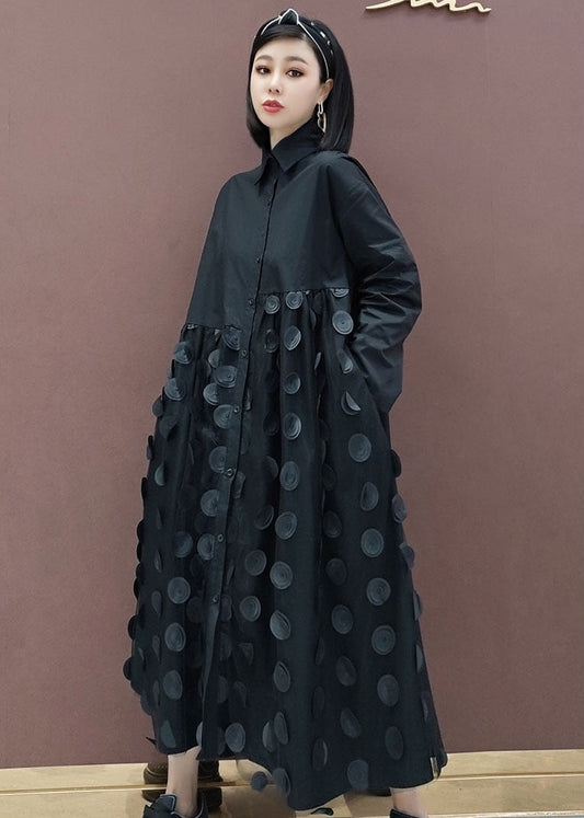 Schwarzes Patchwork-Urlaubskleid mit Taschen, Frühling