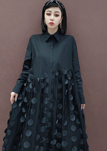 Schwarzes Patchwork-Urlaubskleid mit Taschen, Frühling