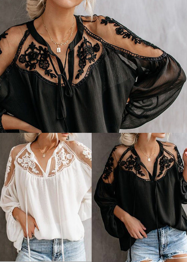 Black Patchwork Lace Sheer Shirts Oversized Summer