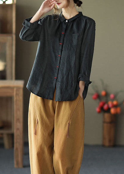 Schwarzes Patchwork Leinenhemd Peter Pan Kragen Bestickt Frühling