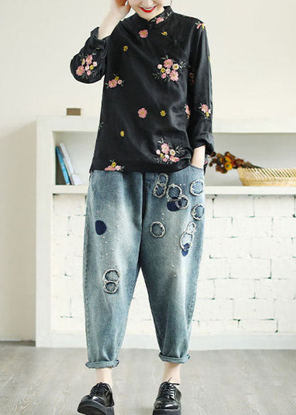 Schwarzes Patchwork-Leinenhemd Top bestickt chinesische Knopf Frühling