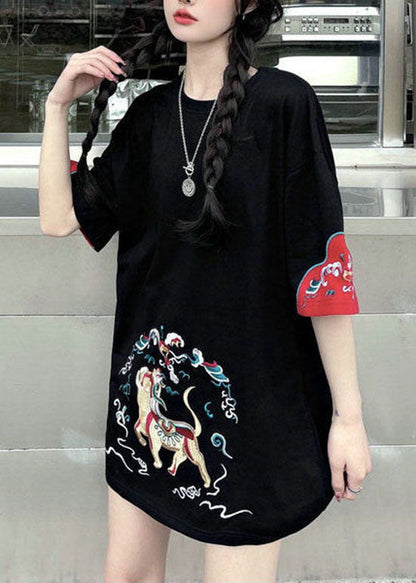 Schwarze Patchwork-Tanktops mit Rundhalsausschnitt und kurzen Ärmeln