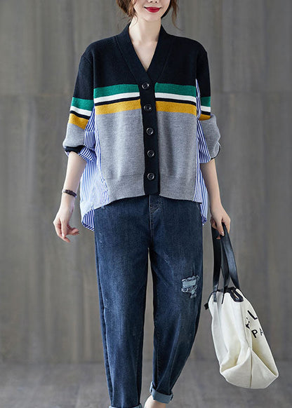 Schwarzer Patchwork-Strickpullover mit gestreiften Knöpfen und asymmetrischem Design für den Herbst