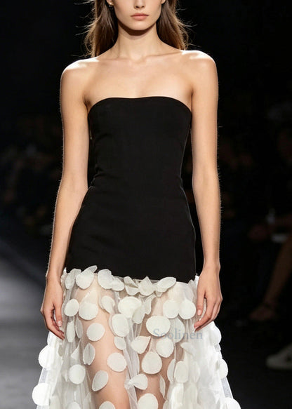Black Patchwork Tulle Strapless Dress Sequins Summer