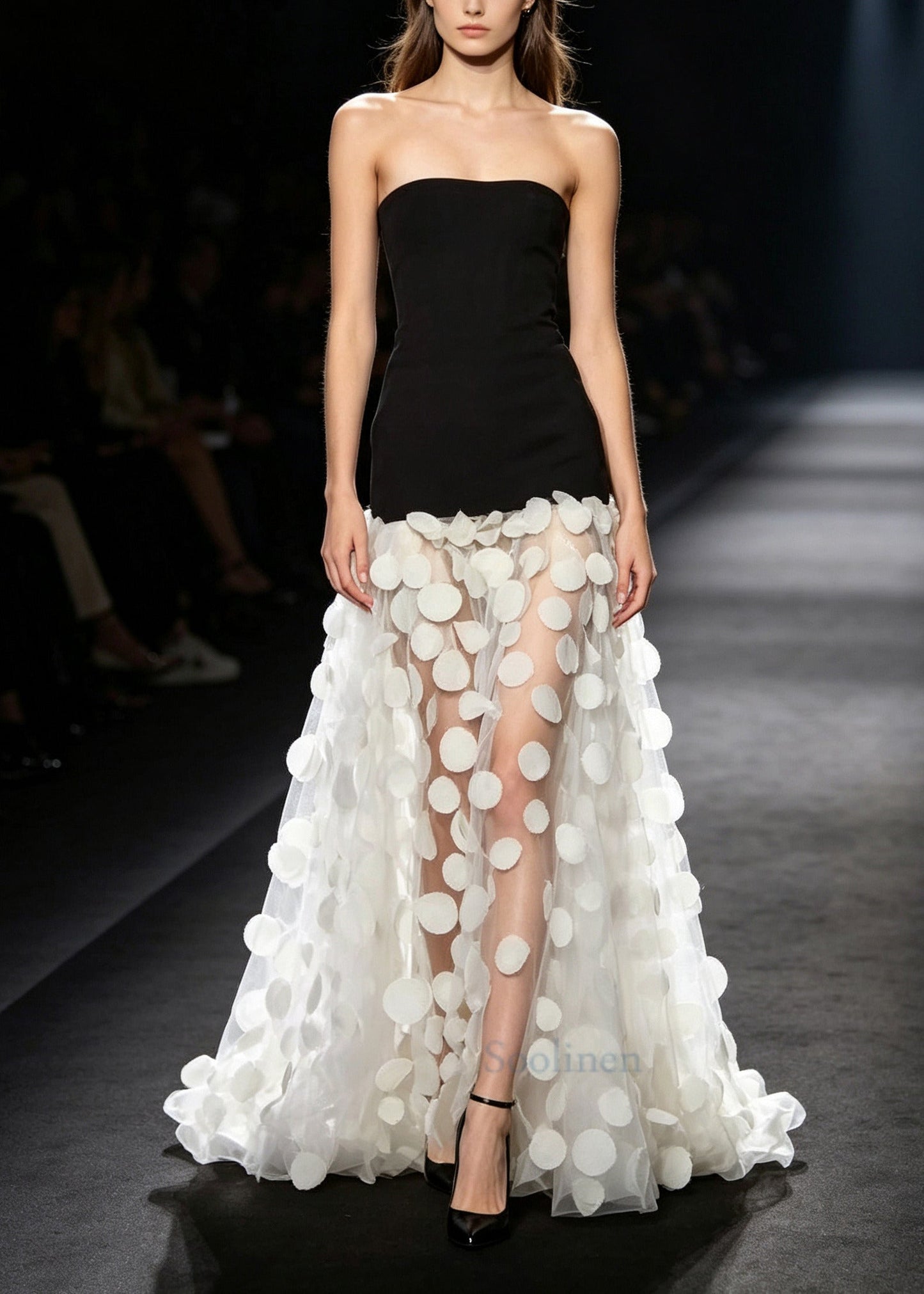 Black Patchwork Tulle Strapless Dress Sequins Summer