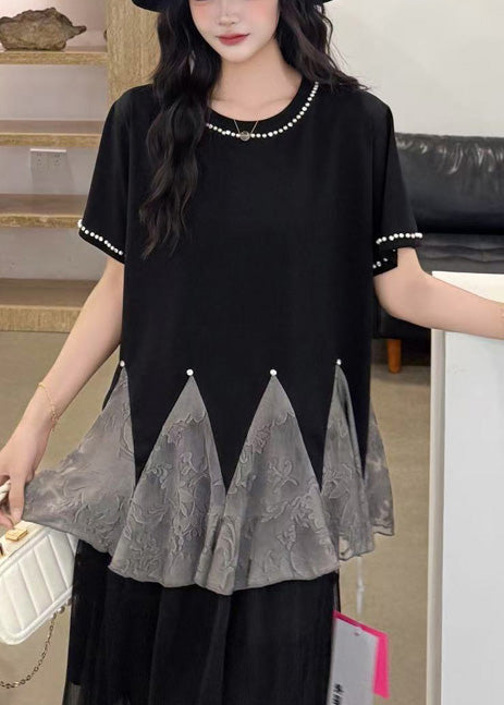 Black Patchwork Tulle Tank Oversized Nail Bead Summer