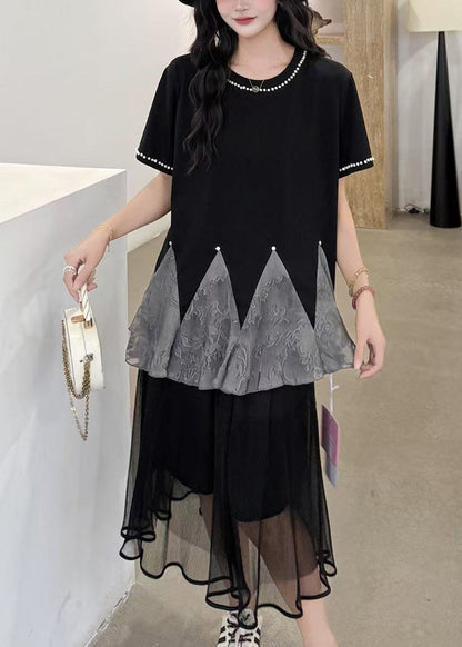 Black Patchwork Tulle Tank Oversized Nail Bead Summer