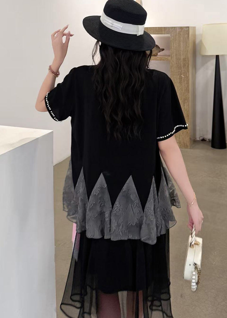 Black Patchwork Tulle Tank Oversized Nail Bead Summer