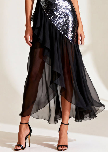 Black Patchwork Tulle Vestidos Dresses Sequins Asymmetrical Design Summer