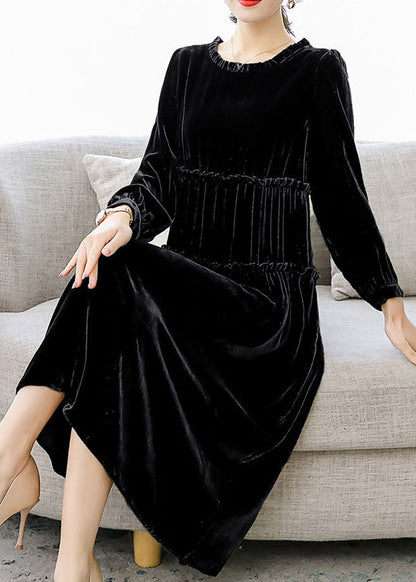 Schwarze Patchwork faltige Velours Kleider Frühling