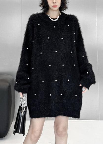 Black Pearl Cozy Oversized Mink Hair Knitted Sweater O Neck