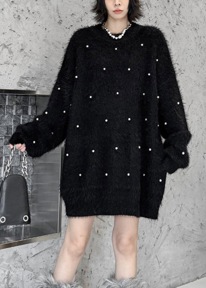 Black Pearl Cozy Oversized Mink Hair Knitted Sweater O Neck