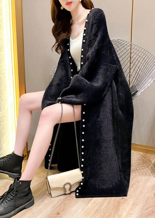 Black Pearl Cozy Solid Knit Spring Coat V Neck
