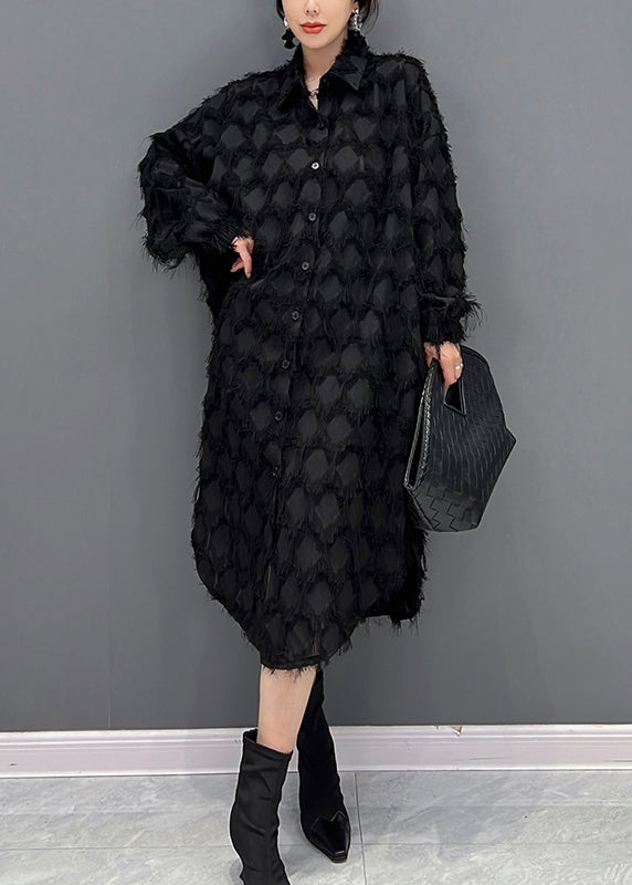 Schwarze Peter Pan Kragen Knopf Maxi Kleider Winter