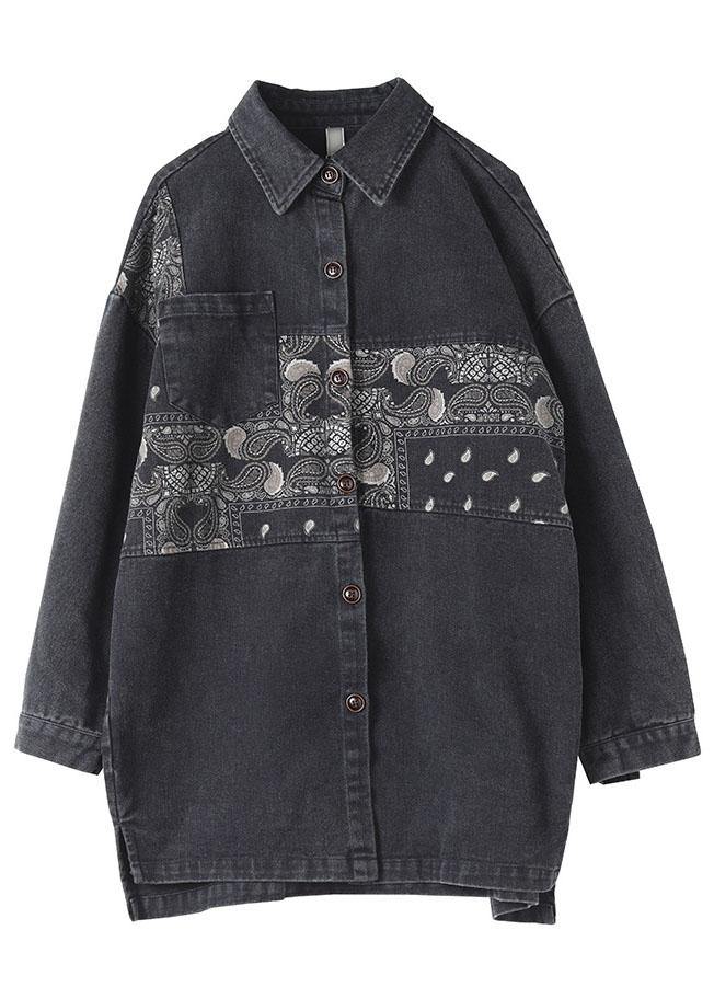 Black Peter Pan Collar Button Print Fall Long Sleeve Blouse Tops - SooLinen