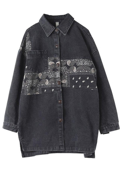 Black Peter Pan Collar Button Print Fall Long Sleeve Blouse Tops - SooLinen