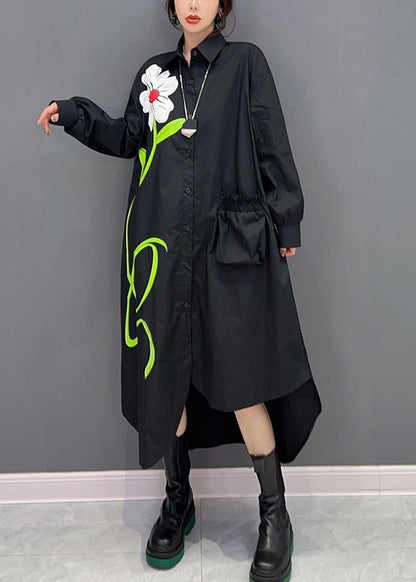 Schwarzes Maxi-Hemdkleid mit Peter-Pan-Kragen und niedrigem, hohem Design und langen Ärmeln