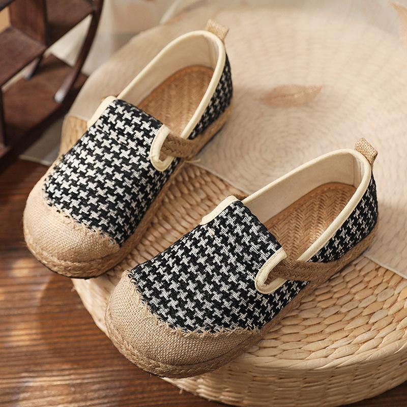 Black Plaid Cotton Linen For Women Splicing Flat Feet Shoes - SooLinen