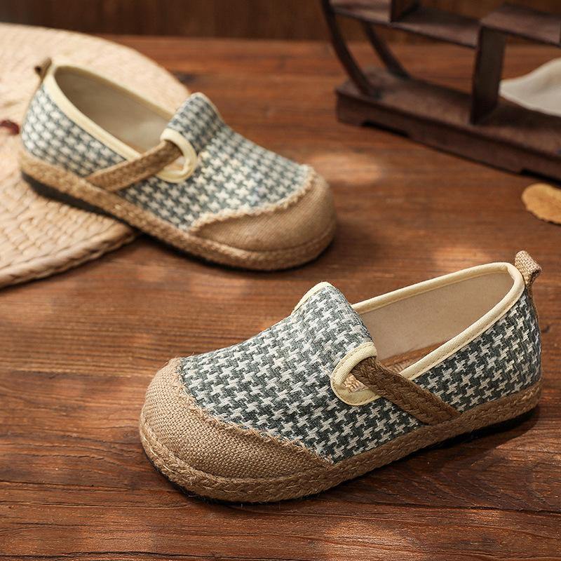 Black Plaid Cotton Linen For Women Splicing Flat Feet Shoes - SooLinen