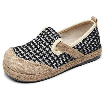 Black Plaid Cotton Linen For Women Splicing Flat Feet Shoes - SooLinen