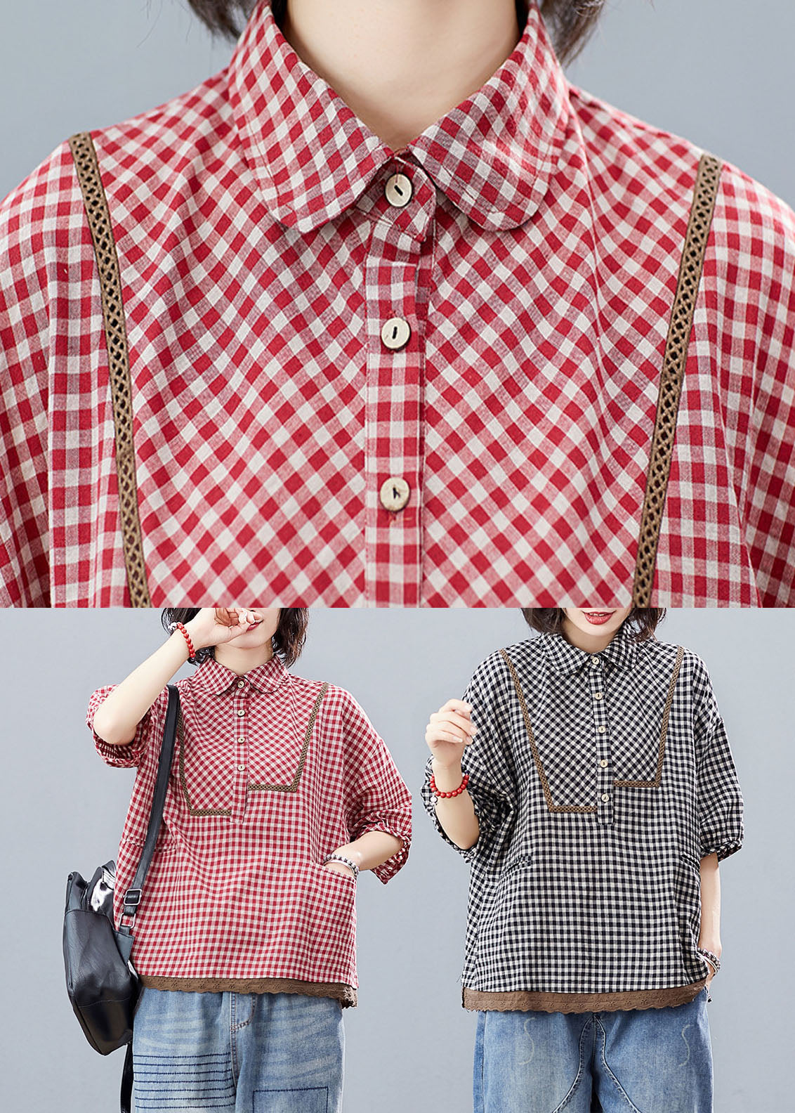 Schwarzes kariertes Spitzen-Patchwork-Shirt mit halben Ärmeln