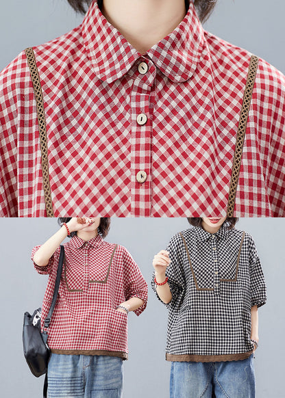 Schwarzes kariertes Spitzen-Patchwork-Shirt mit halben Ärmeln