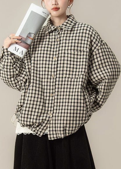 Blusa de algodón extragrande con bolsillos a cuadros negros y cuello Peter Pan